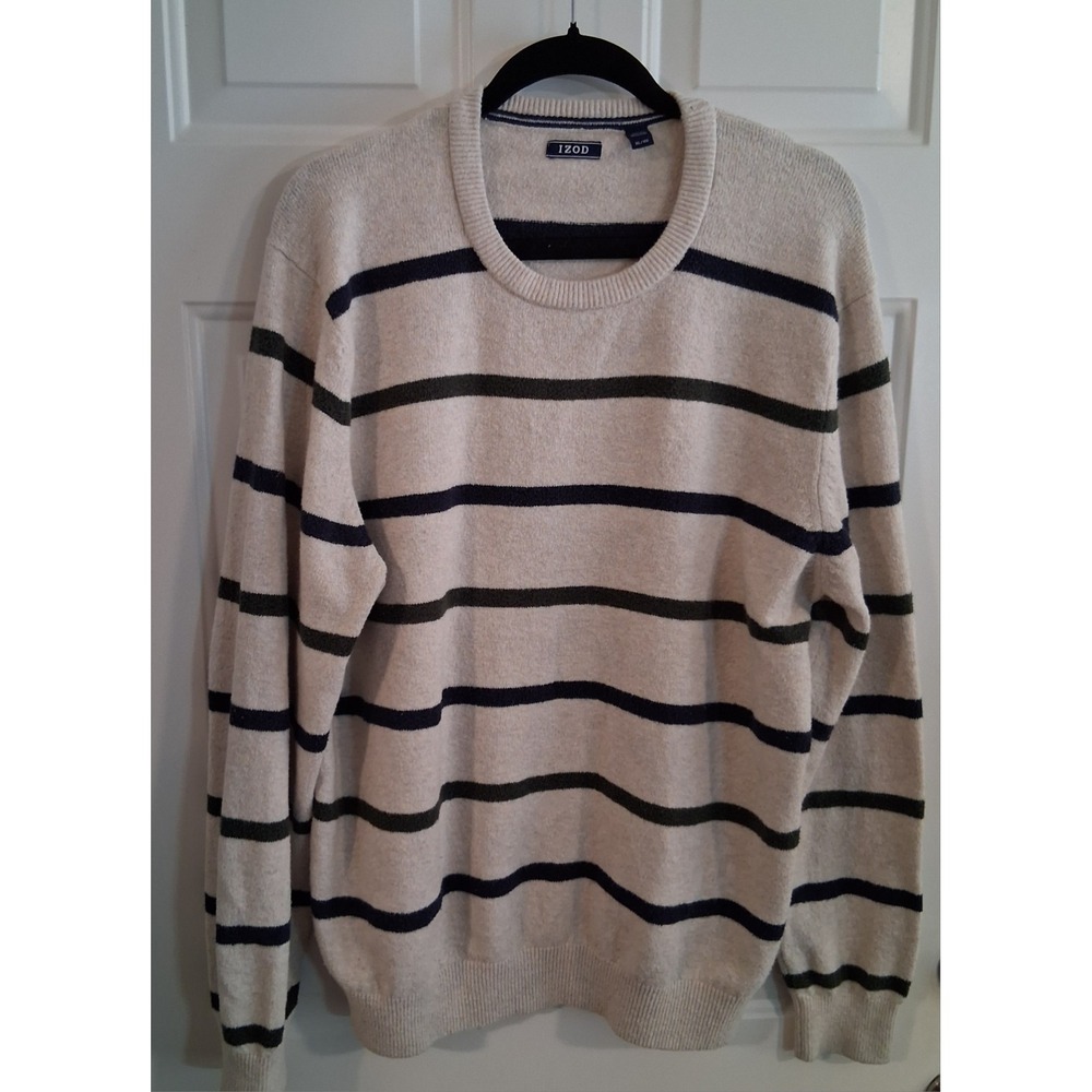 Izod Cream Crewneck Sweater with Navy & Green Stripes Size XL Preppy Old Money